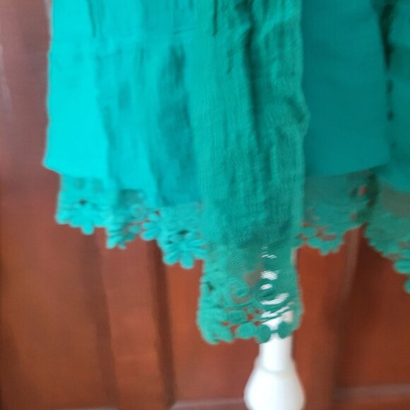 Womens Teal Long-Sleeve Tiered Tunic Dress Crochet Lace Hem  Smocked Bodice Boho - Picture 3 of 8